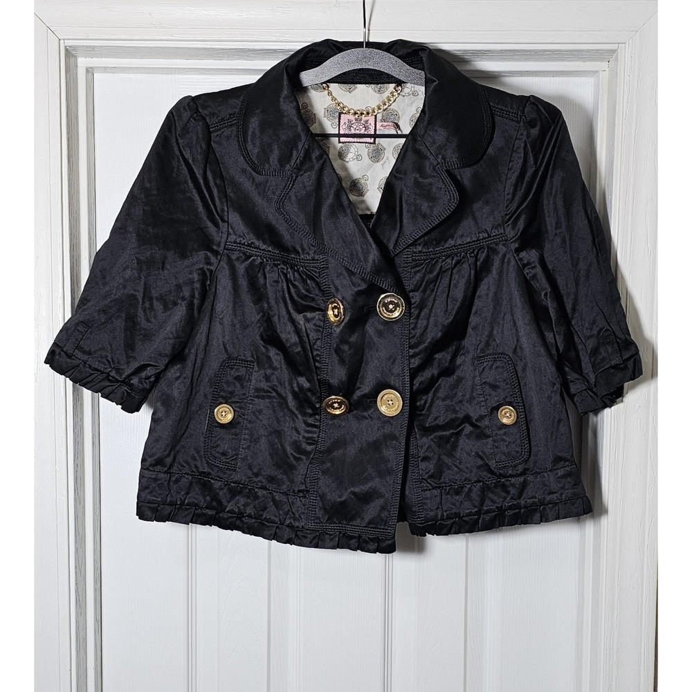 Juicy Couture Satin Peplum Short Jacket Size Medium Pleats Romantic Goth Black